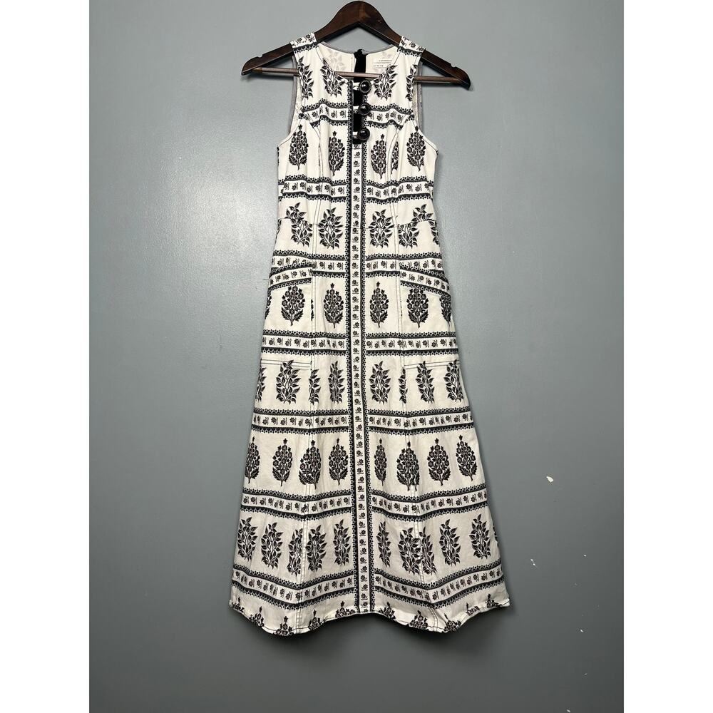Anthropologie Woodblock Floral Midi Dress Pockets Black White Women's Size 0 - Picture 2 of 9